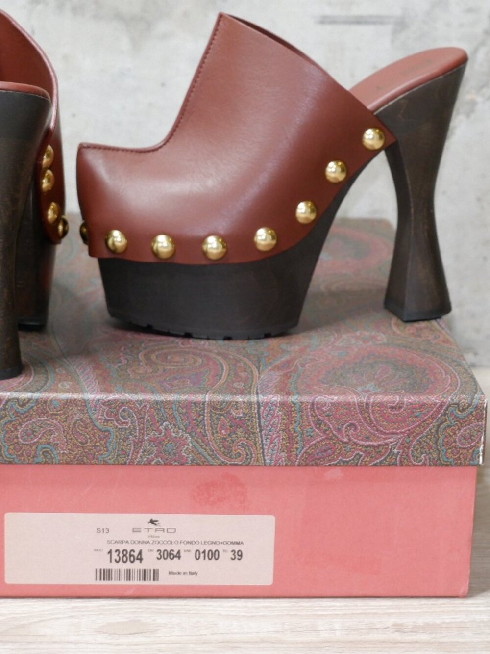 Etro Brown Leather Platform Clogs Studded Heels Size EU39 | Made in Italy
